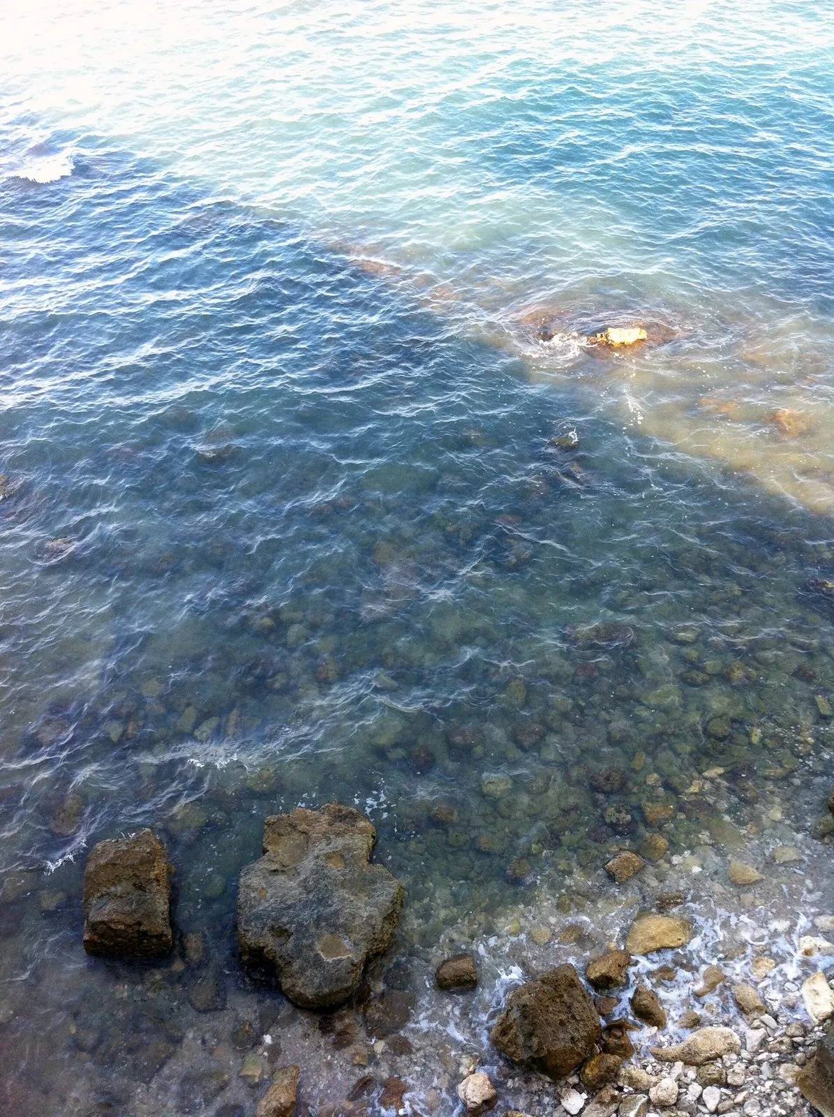 Acqua limpida e azzurra sopra un fondale di sassi, con scogli calcarei e ciottoli bianchi lungo la riva di Trani