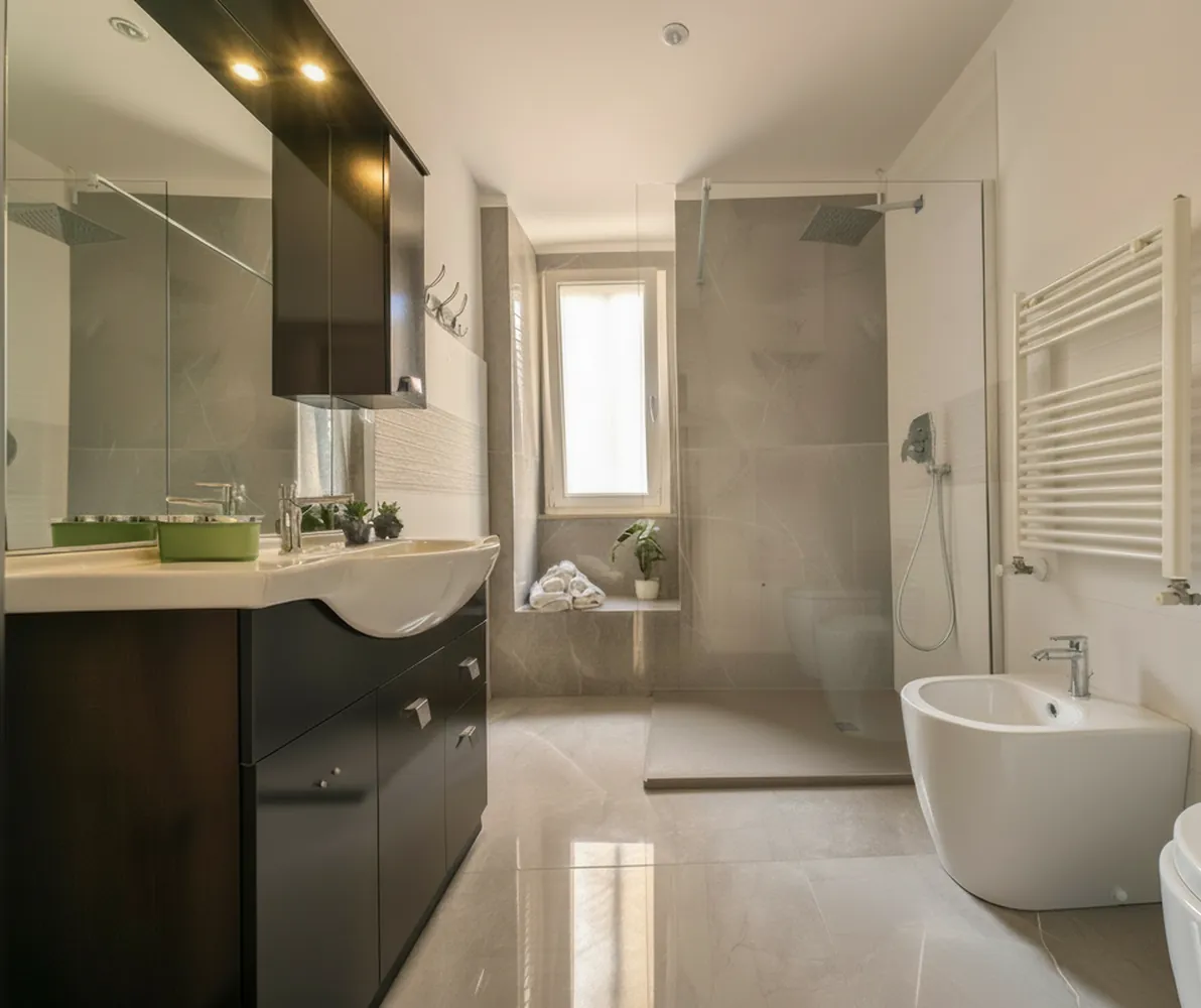 Il bagno con la doccia walk-in, il mobile del lavabo scuro, i sanitari e il termoarredo